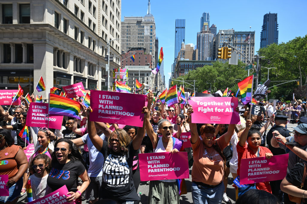 CFF Director Aleyamma Mathew marches with Planned Parenthood at the New York City Pride Parade. Planned Parenthood was the first contingent of the parade this year following the Supreme Court overturning the 50-year-old landmark Roe v. Wade case ending the protection of federal abortions. (Photo by Alexi Rosenfeld/ Getty Images)